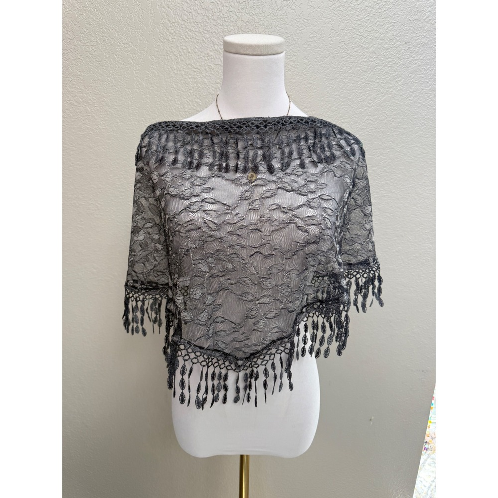 Gray Sheer Lace Fringe Scarf Shawl Boho Festival Wrap / Cottagecore Headscarf